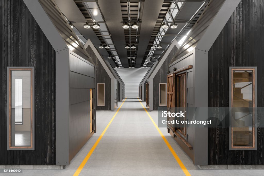 interior of warehouse with prefabricated container houses