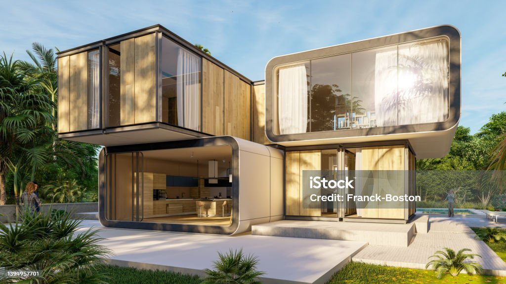 3d rendering of an stylish modern house with pool and garden